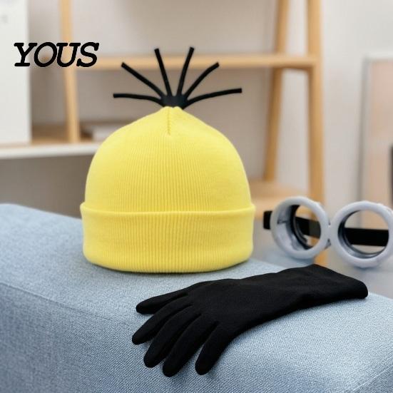 Retro Goggles Costume 3Pcs Halloween Accessories, Yellow Knitted Hat Steampunk Cosplay Props Set Gloves Adults Party for Men Women Long Wear