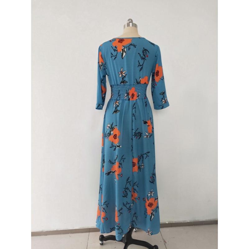 Women's Bohemian Print V-neck Button-up Seven-quarter Sleeve Skirt Dress