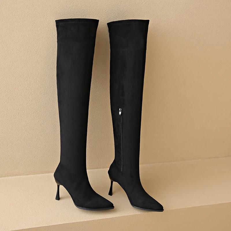 Artificial Suede Over The Knee Boots Pointed Side Zipper Thigh Boots Retro Brown Drawstring Winter Boots Big Size