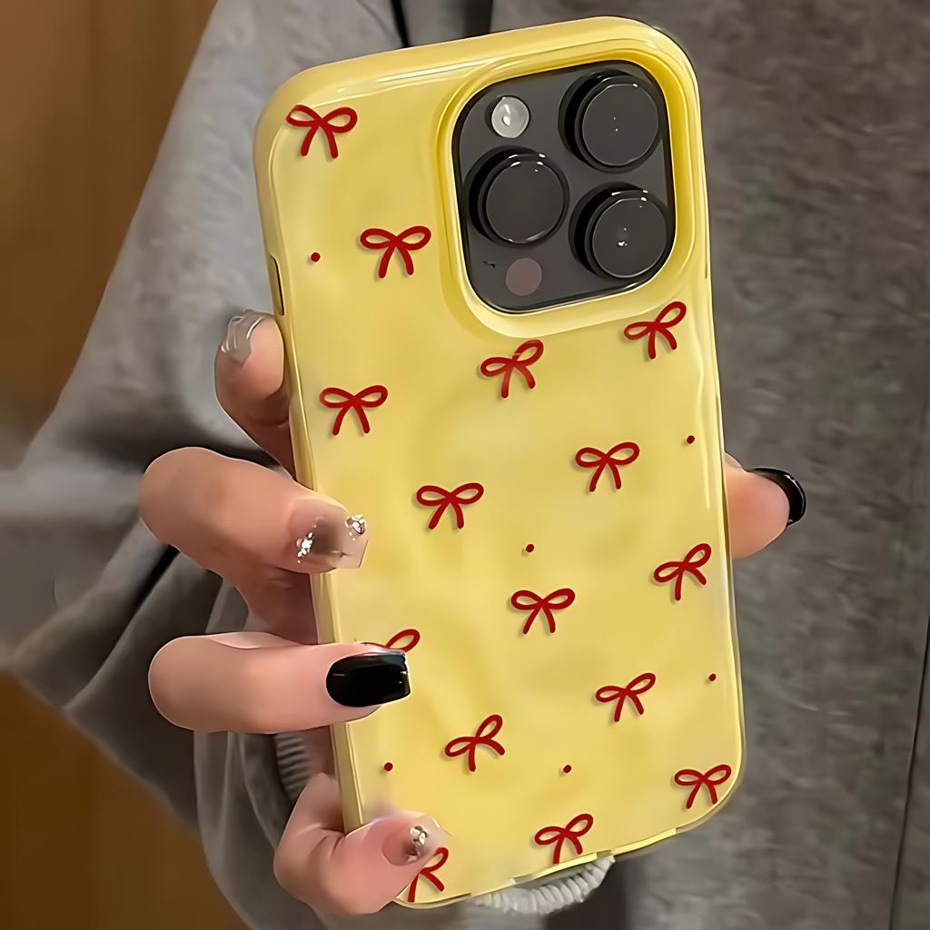 Cute Red Bow Dots Folds Texture 3D Irregular Wrinkle Phone Cases For iPhone 17 16 15 14 Plus 13 12 Air Pro Max Shockproof Glossy