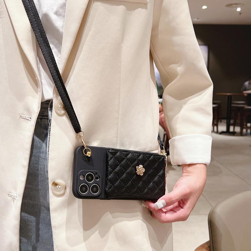 Electroplated Metal Camellia Wallet Card Case Phone Case for IPhone16promax Crossbody Cord 15 for Apple 14