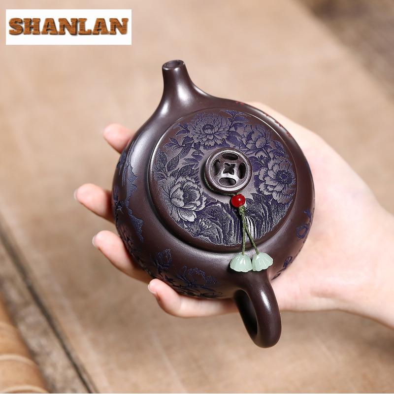220ml Aesthetic Yixing Purple Clay Teapots Handmade Coin Large Caliber Pot Raw Ore Dragon's Blood Sand Kettle Zisha Tea Set