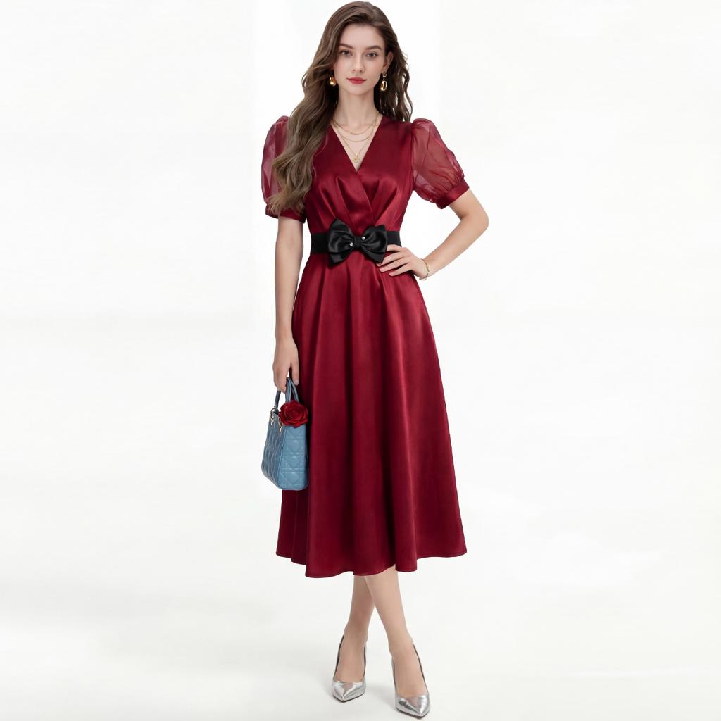 Elegant Evening Party Dress Summer Women Cross V-Neck Puff Short Sleeve Satin High Waist Belt Lace Up Midi Dress