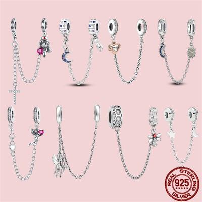 Sparkling Clear Silver Bezpečnostní řetízek 925 Sterling Silver Bezpečnostní řetízkový přívěsek Korálky vhodné pro originální módní náramek Diy šperky