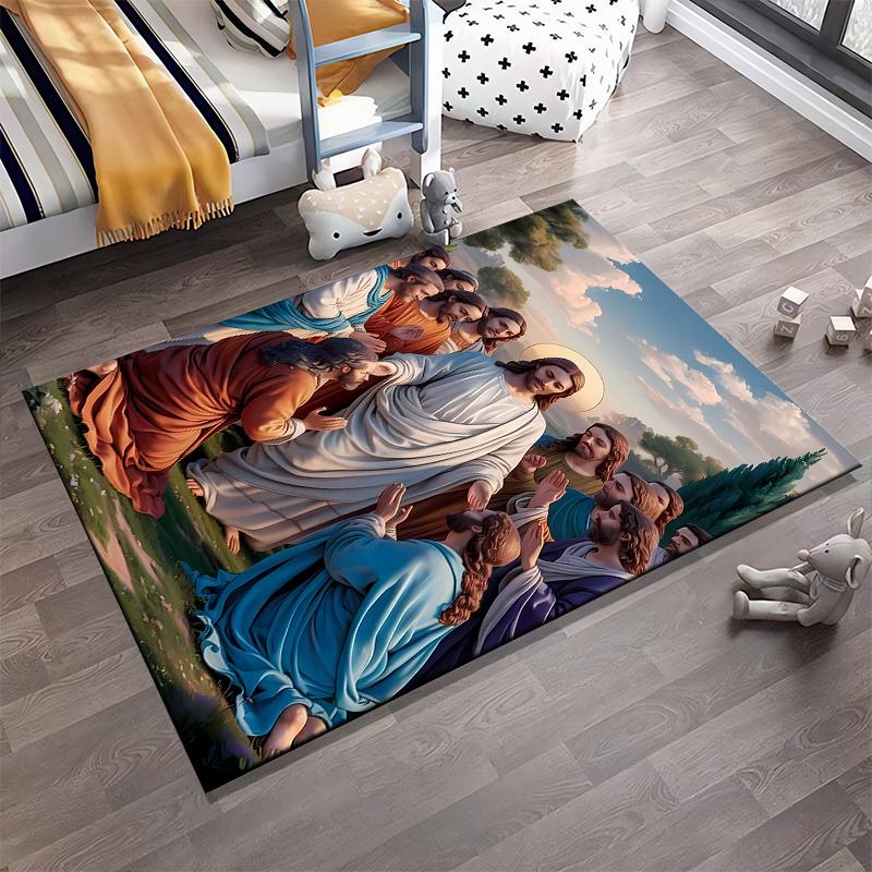 Religious Scene with Figures in Robes Non-slip rug suitable for living room and bedroom sofas.