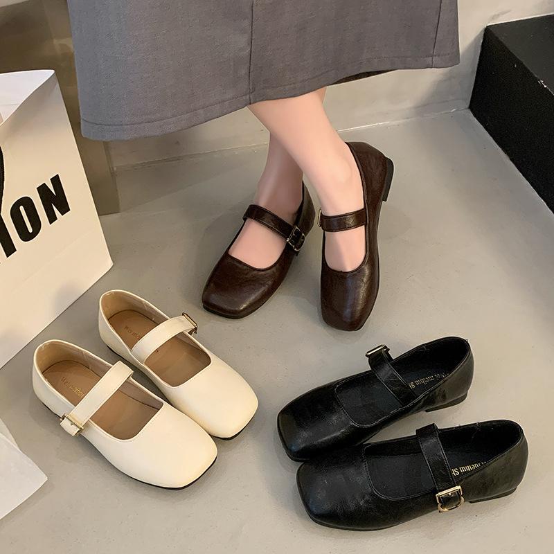 Shallow mouth 2025 spring new one-word belt versatile square head soft sole small leather shoes women