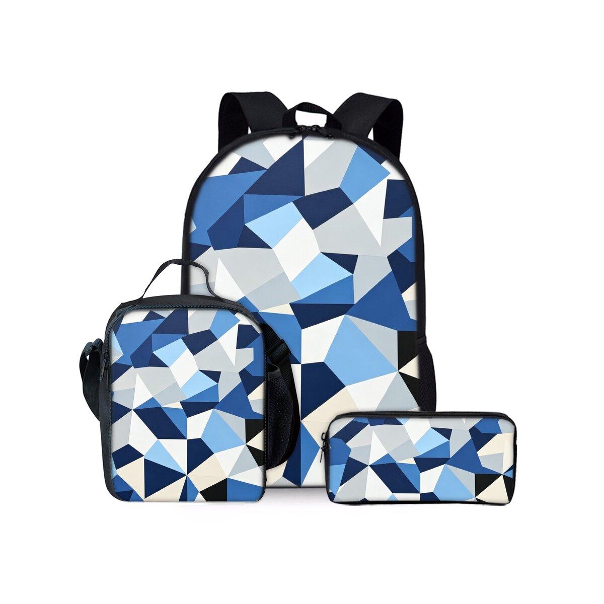 Ensemble de Sacs à Dos Trois Pièces Imprimé Triangle Géométrique pour Garçons et Filles Meilleurs Cadeaux Sac à Dos Scolaire Plat Dessin Animé 2D pour Enfants
