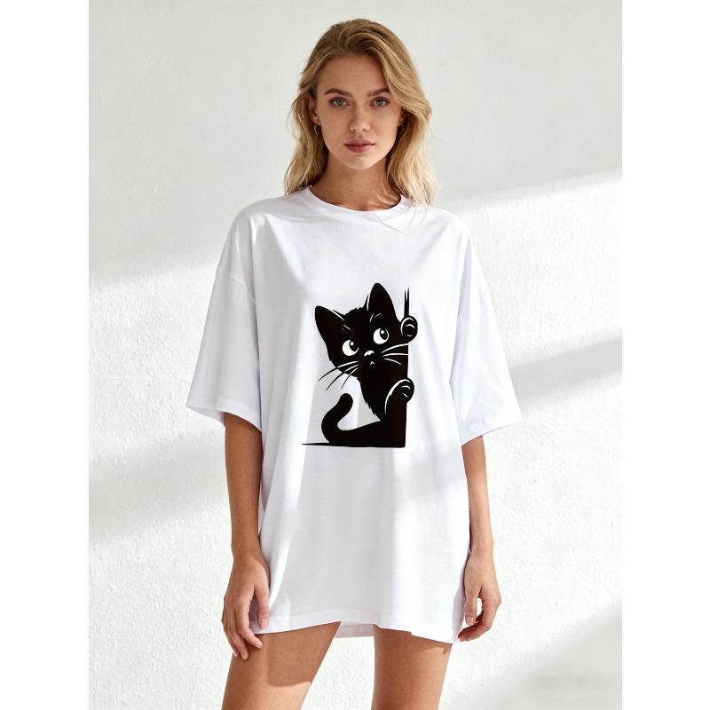 Black Oversized T Shirt With Cute Cat Print For Casual Wear And Everyday Style