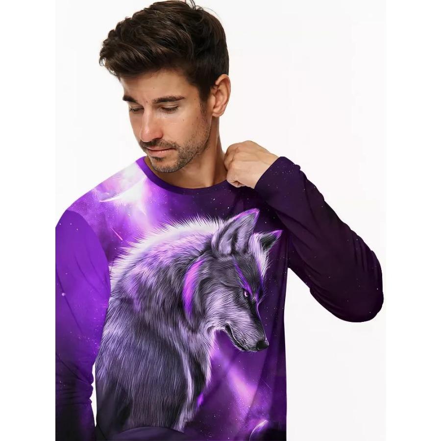 T Shirt for Mens Wolf Pattern Print Long Sleeve Leisure 3D Polyester Man's T-shirts