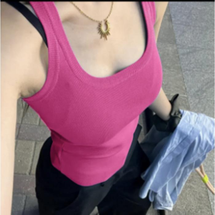 No chest pad, summer women's new Korean Spice Girls fashionable and sexy solid color low-cut knitted sling vest top