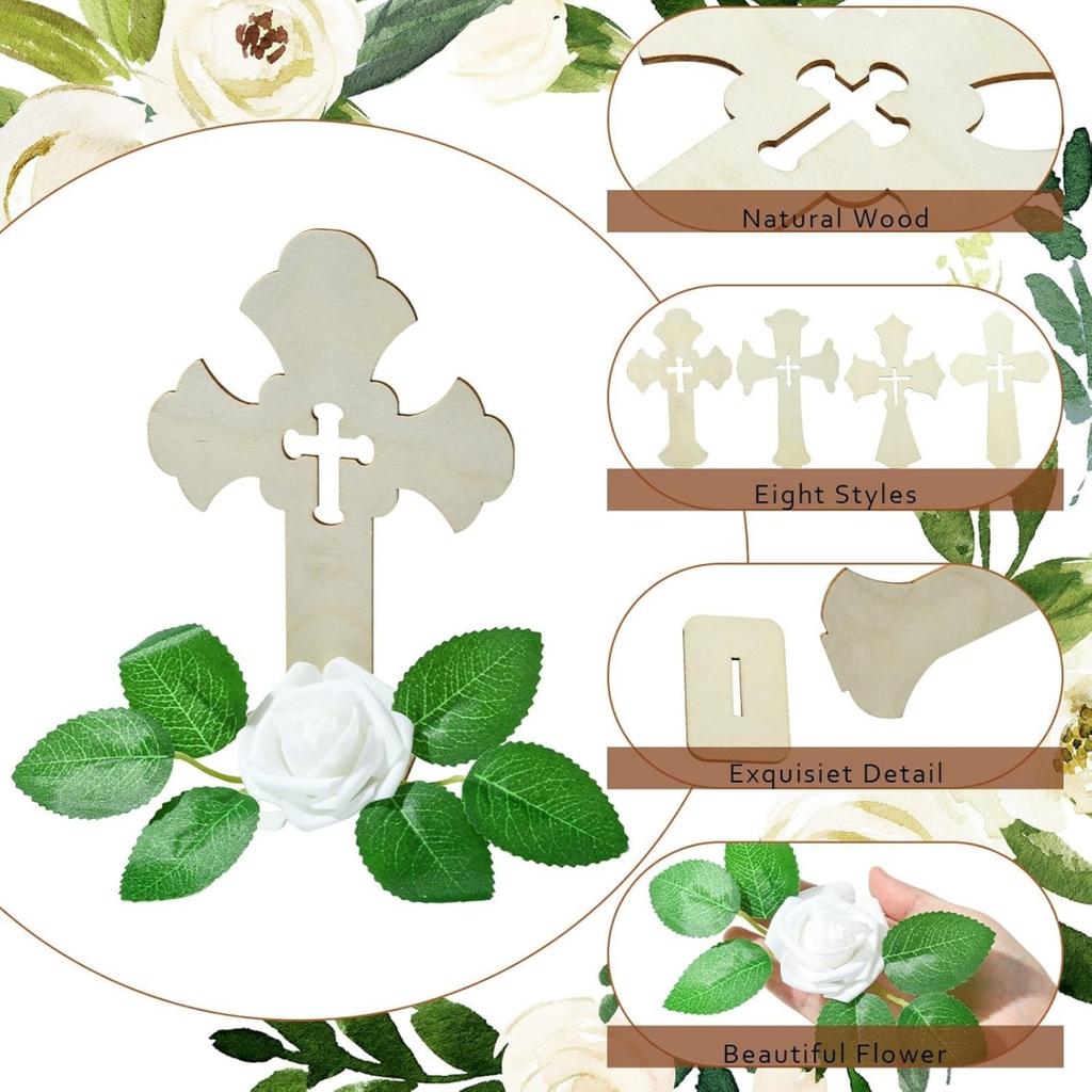 Wooden Crosses with Artificial Roses Standing Crosses with Bases, Baptism Centerpieces, Wedding Party Home Decor