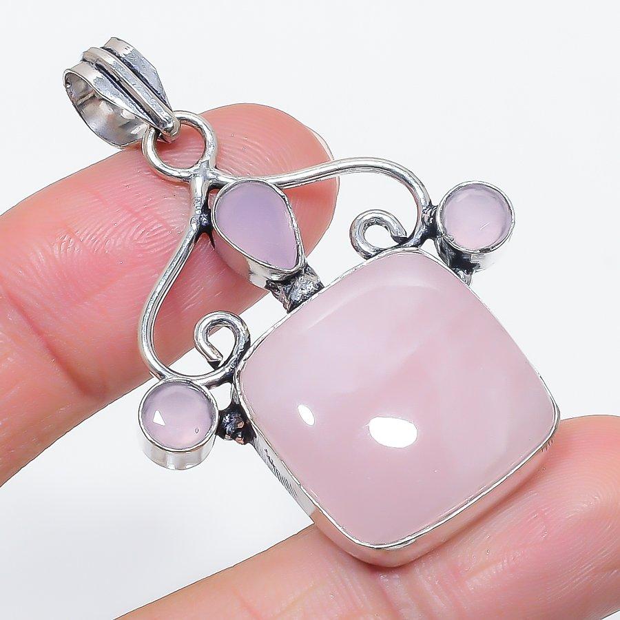 Natural Rose Quartz, Chalcedony 925 Sterling Silver Jewelry Pendant 2.09" z8L58