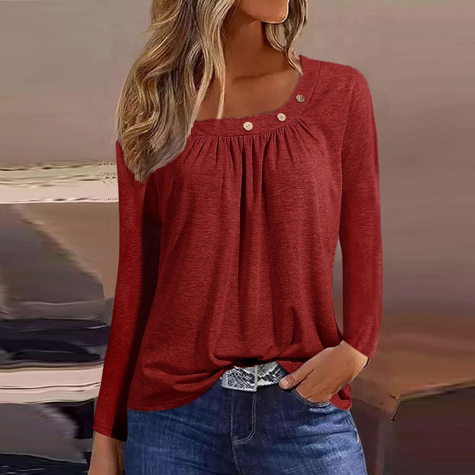 

Блузки с длинным рукавом для женщин, повседневная рубашка на пуговицах с круглым вырезом, однотонная блузка, топы, свободная посадка, осенняя рубашка, топ M винный