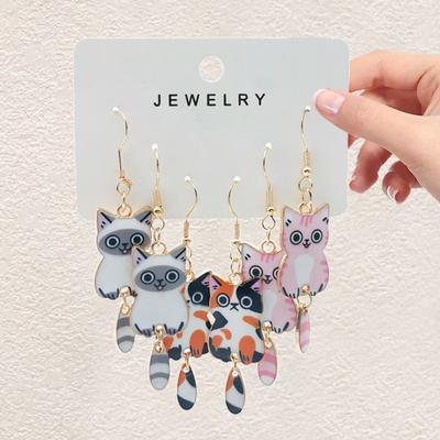 Hanging Tail Cat Dangle Earrings Enamel Alloy Animal Theme 3D Cat Earrings Zinc Alloy Daily Wear Cartoon Animal Earrings