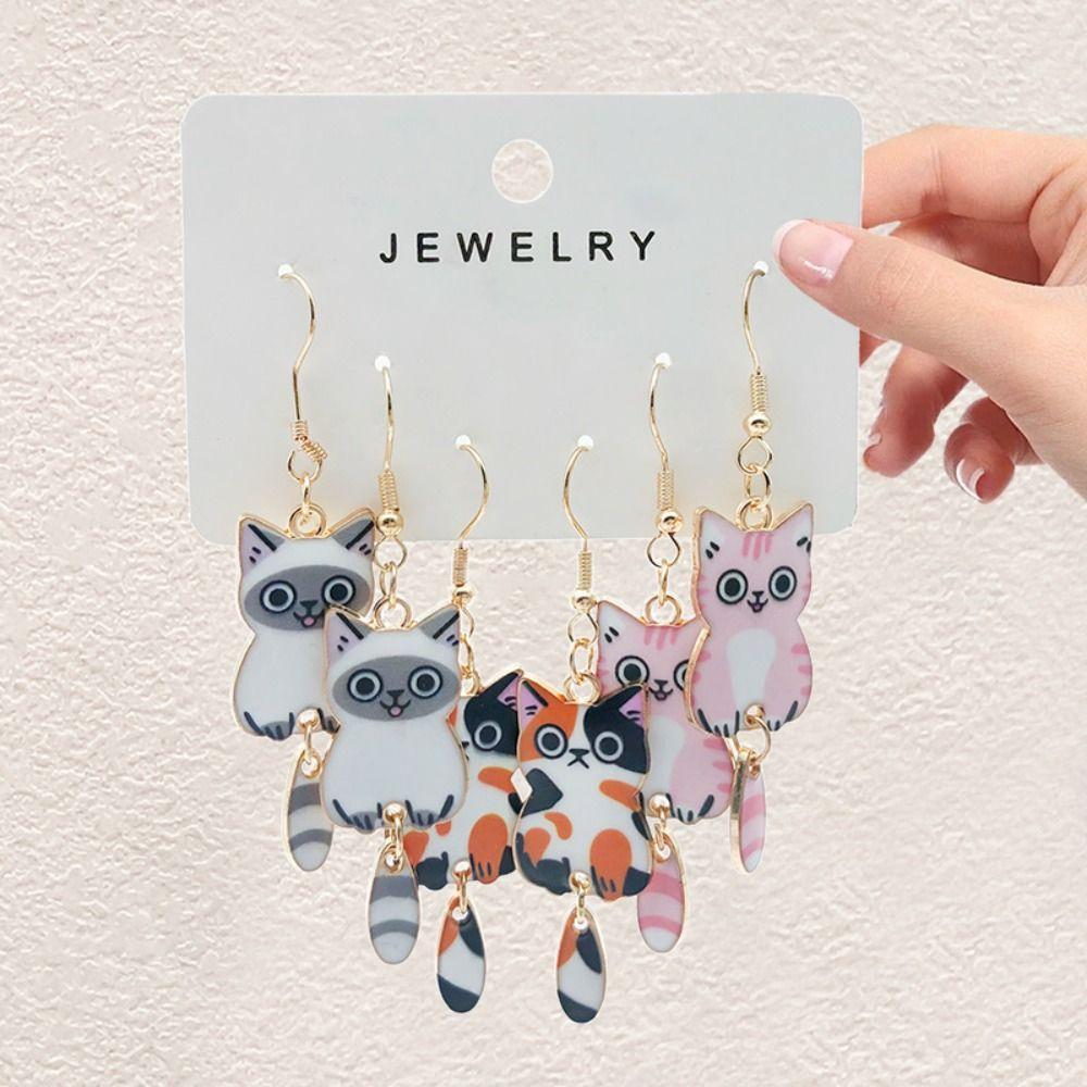 Enamel Zinc Zinc Alloy Cat Dangle Earrings Hanging Tail Cartoon Animal Earrings 3D Cat Earrings  Women Girls