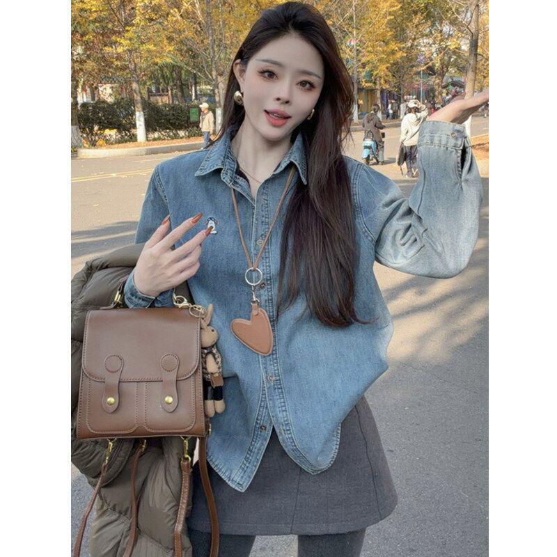 

Женская зимняя ретро джинсовая рубашка на флисе - Корейский стиль, свободный крой, универсальный базовый слой M