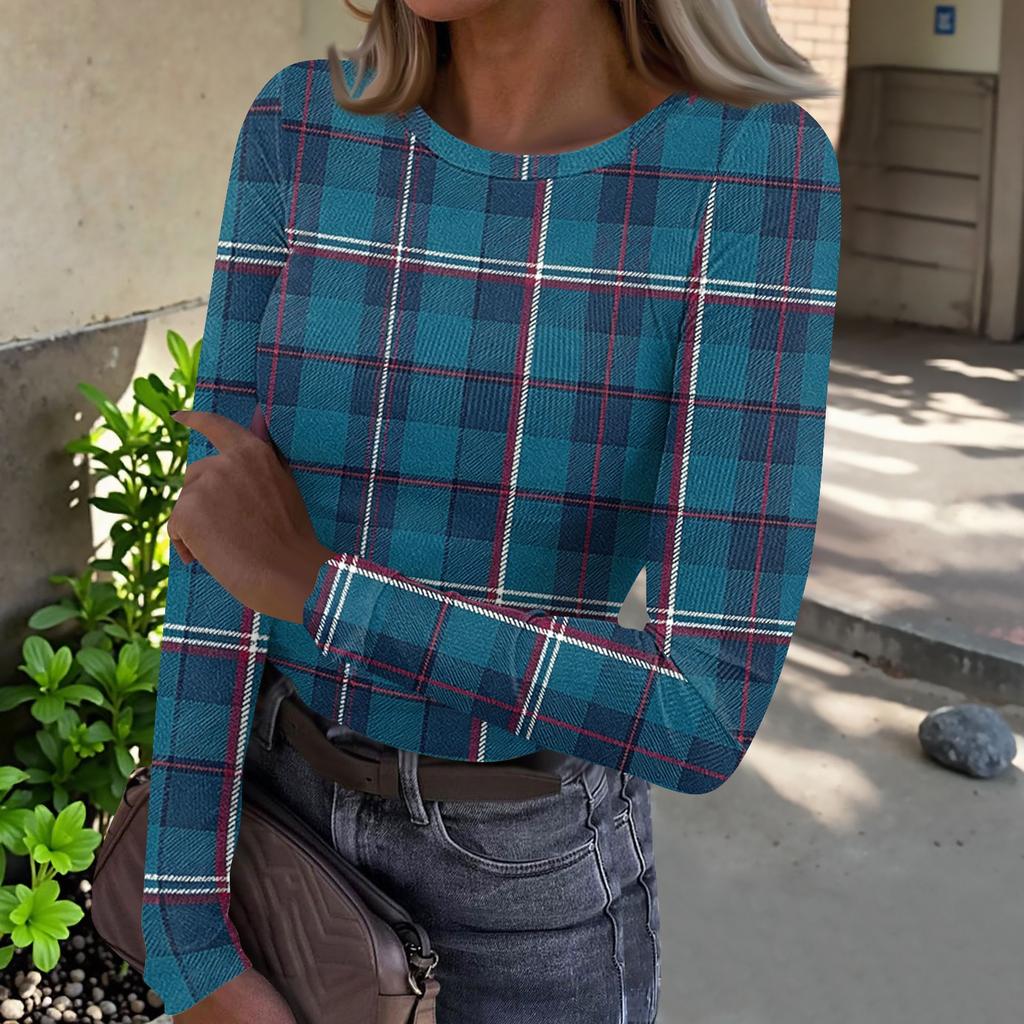 Top Casual de Mujer con Estampado de Cuadros, Cuello Redondo, Manga Larga y Canalé para el Uso Diario y el Trabajo