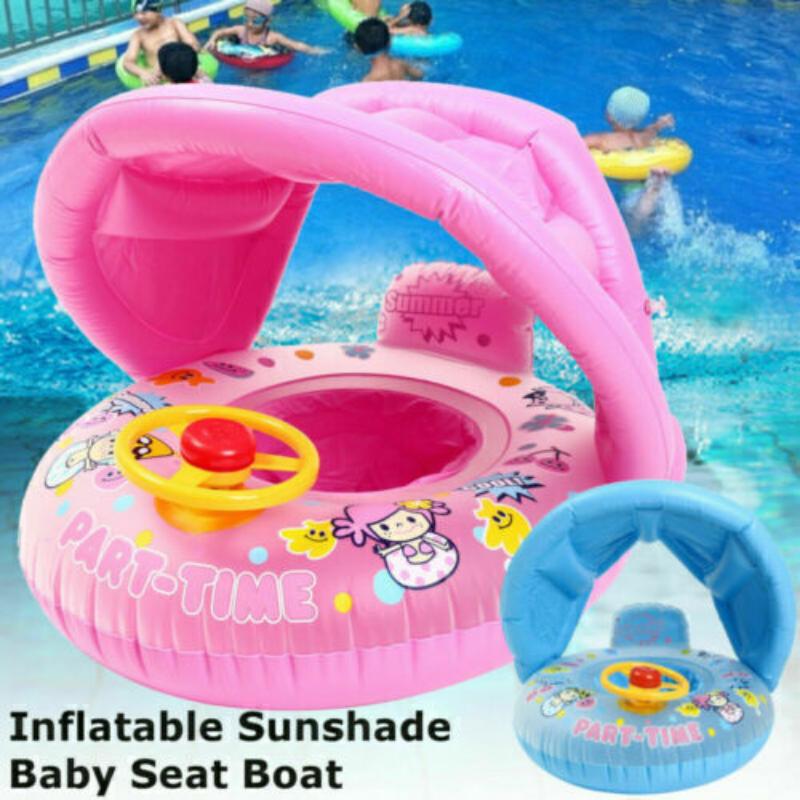 Float Boat Baby Seat With Shade Canopy Kids Inflatable Swimming Pool Aid Ring