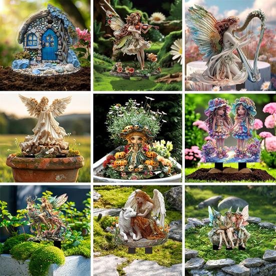Fairy Tale Garden Stake 2D Flat Acrylic Decorative Stake Weatherproof Goddess Fairy Decoration with Stake for Home Patio Outdoor Decoration