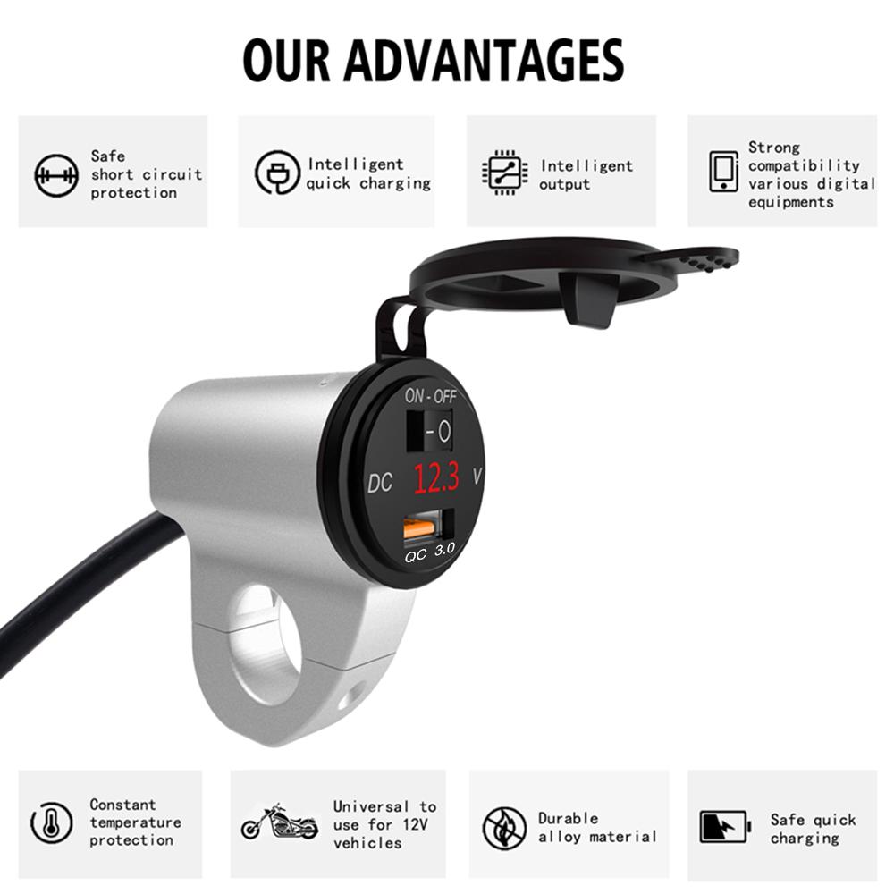 Car Fast Charger Mobile Phone Adapter With Switch 2.4A Digital Display Motorcycle USB Charger