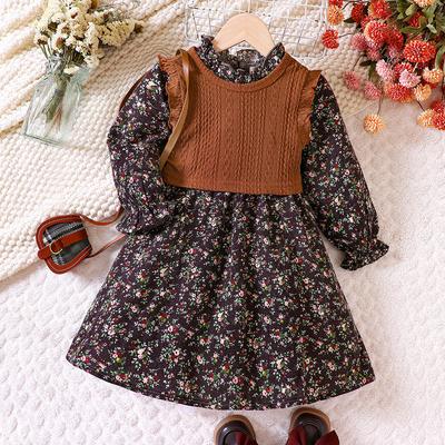 Children Clothing Girls Spring Autumn Clothes Floral Dress Knitted Vest Suit Princess Preppy Dresses