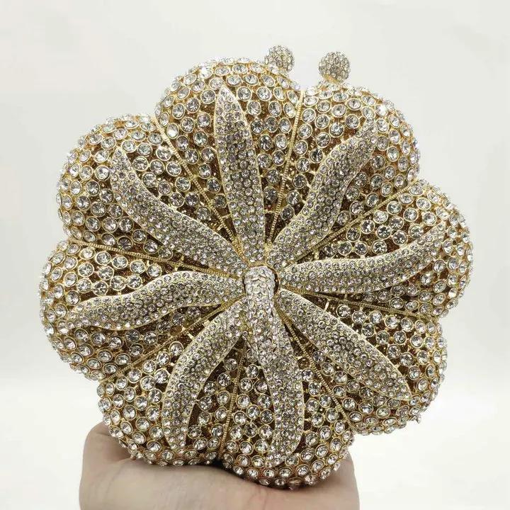 

Boutique De FGG Novelty Pumpkin Handbags Ladies Clutch Bag Women Evening Party Cocktail Round Golden Crystal Minaudiere Bags Small