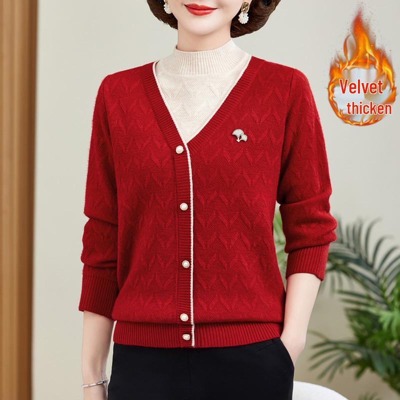 Elegant Plus Velvet Thickened Sweater: Warm Two-Piece Base Layer for Middle-Aged & Elderly Women