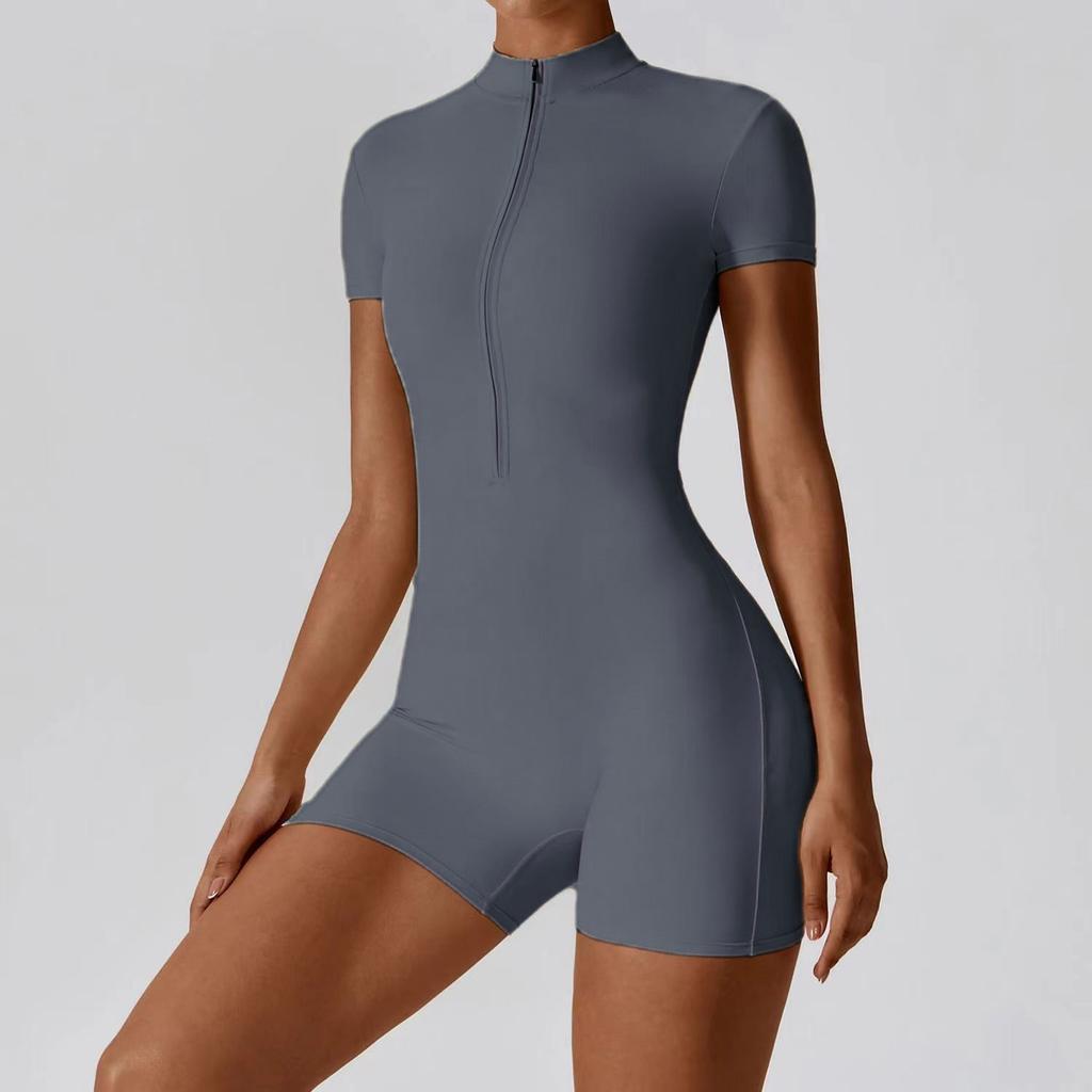 Women's Half-Zip Short Sleeve Workout Romper High Neck Bodycon Jumpsuit