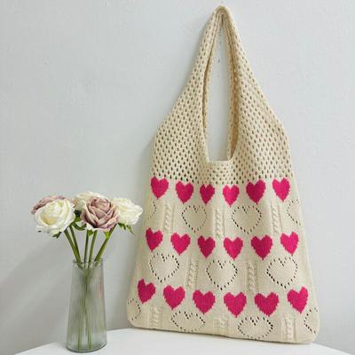 Casual Heart Pattern Crochet Shoulder Bags Summer Holiday Travel Beach Handbags for Women Aesthetic Knitting Shopping Bags Totes