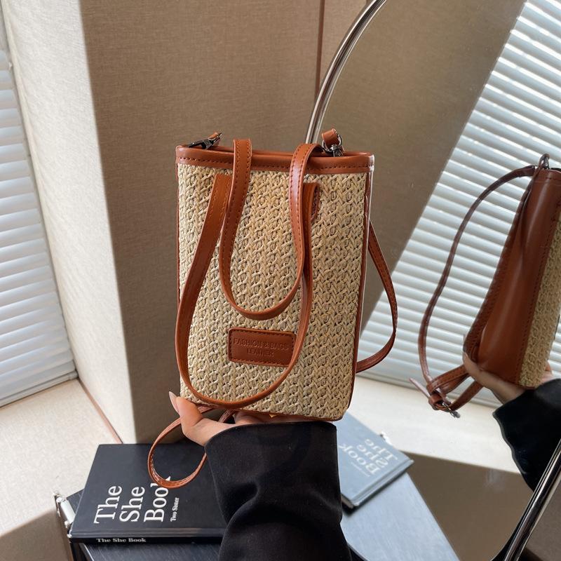 Striped Hand Carry Contrasting Color Crossbody Woven Small Bag Women's New Trendy and Versatile Single Shoulder Bucket Mobile Phone Bag