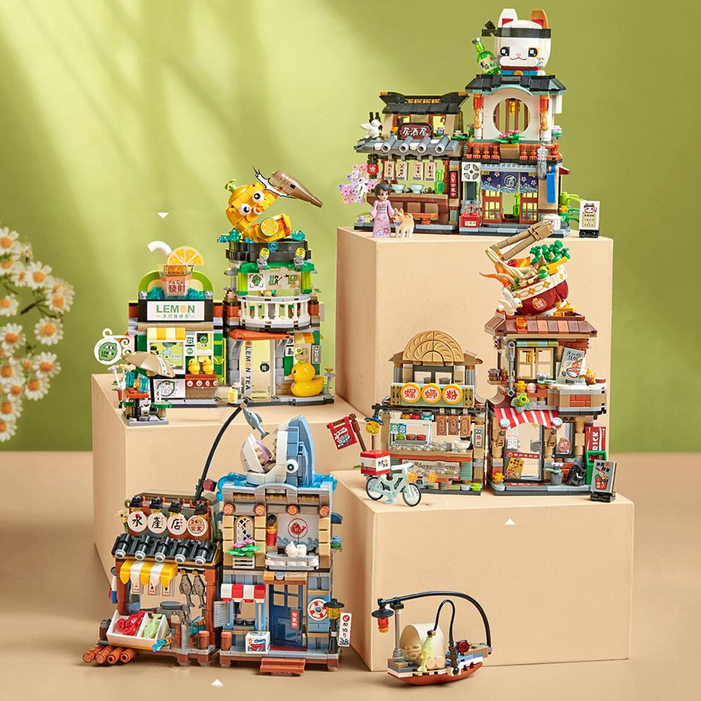 Crreative City Street View Mini Block Lemon Tea Noodle Izakaya Aquatic Products Shop Building Bricks Figures Streetscape Toys
