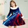 Girls High Neck Long Sleeve Printed A Line Flared Dress Red Blue White Furry Trim Bow Decor