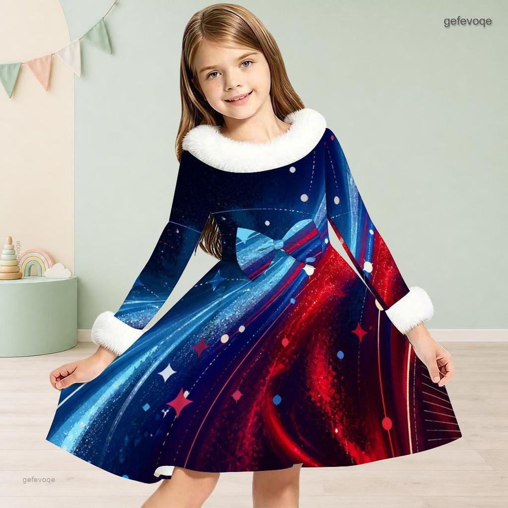 Girls High Neck Long Sleeve Printed A Line Flared Dress Red Blue White Furry Trim Bow Decor