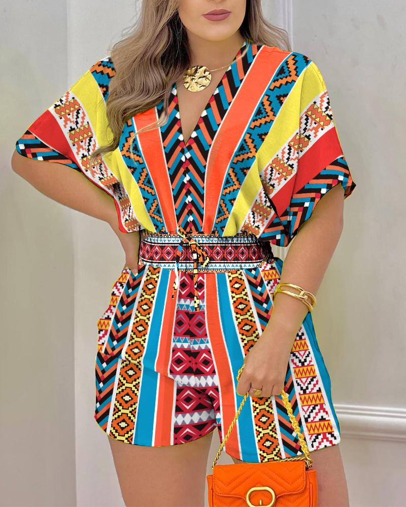 2024 Summer European & American Women's V-Neck Tie Short Sleeve Jumpsuit