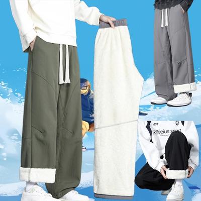 Men's Fleece Casual Pants Khaki Loose Straight Winter  Warm Thickened Wide Leg Pants Korean Style Street Lined Fleece Trousers