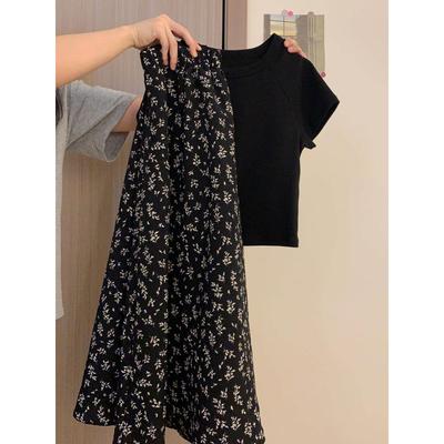 Black Floral Skirt Skirt Women's Summer High Waist Umbrella Skirt 2024 Midi Skirt Elegant Short Sleeve T-Shirt Two-piece Set