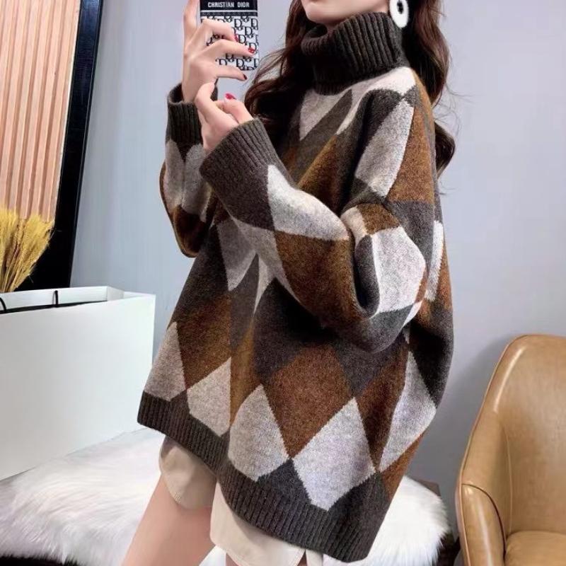 

GMXIA Осенне-зимний женский свитер с высоким воротом, толстый, свободный, с ромбами, от ленивого ветра One size коричневый