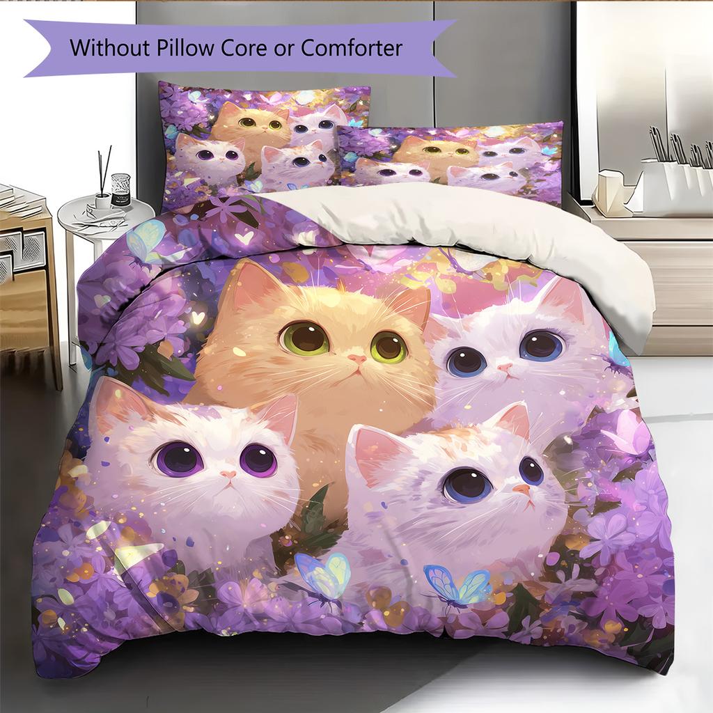 Purple Tabby Cat Pattern Bedding Quilt Set Quilt Cover Pillowcase Home Decoration Gift (1 * duvet cover + 2 * pillowcase, without core)