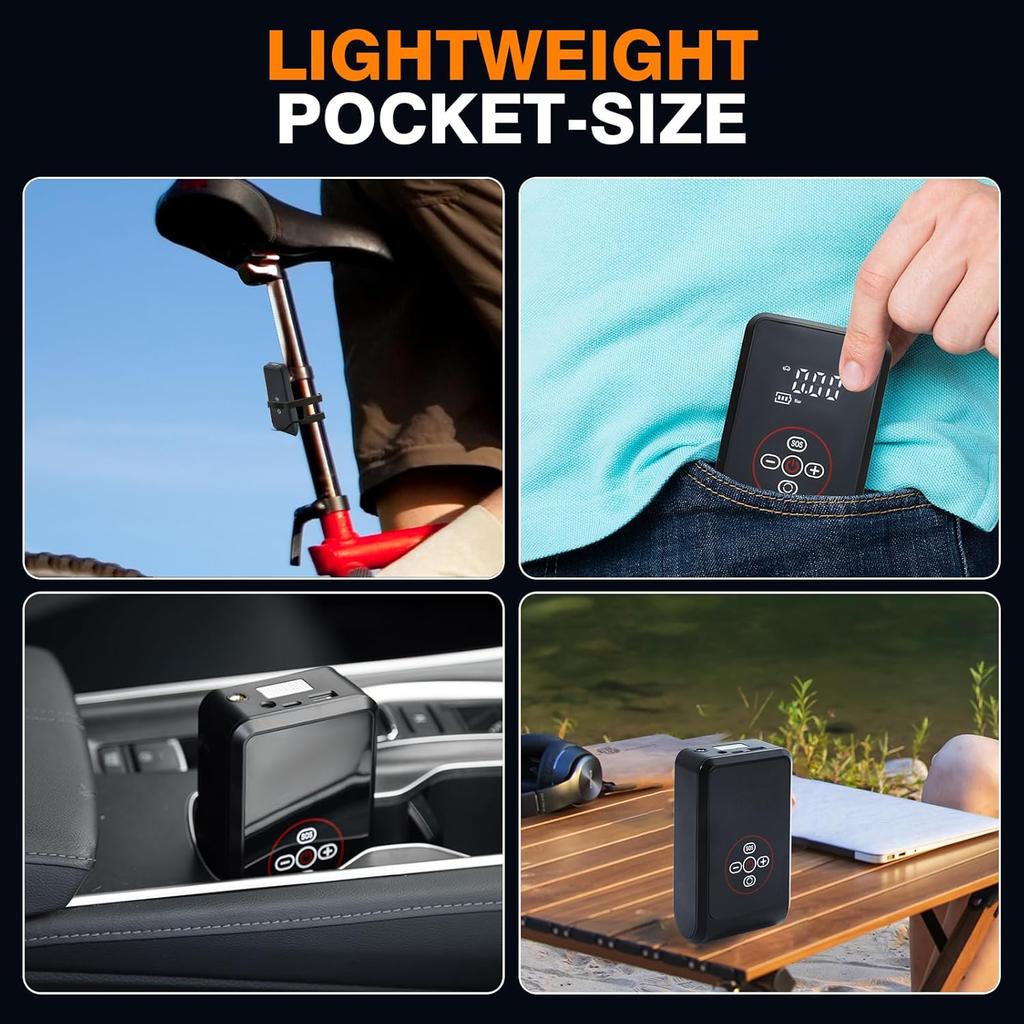 Pompa d'aria portatile per auto, display digitale, pompa elettrica wireless/cablata da 150 PSI, con schermo LCD, per bicicletta, moto, illuminazione di emergenza, ricarica