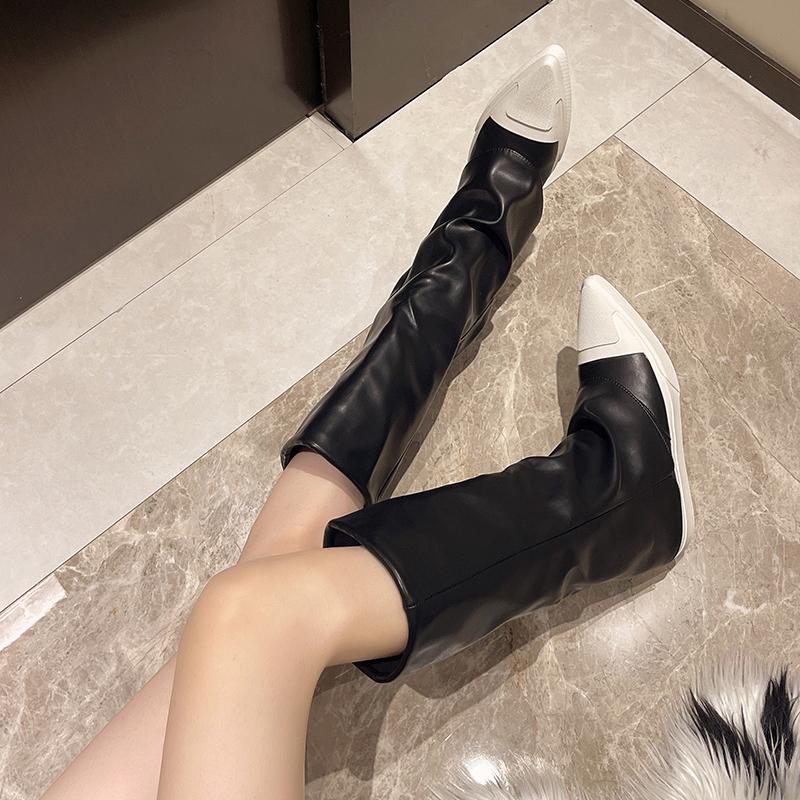 Fashion Women's Fashion Flat Cotton Boots Winter New Pointed Splicing Leather Sleeve Thick Soft Sole Non-slip Short Shoes