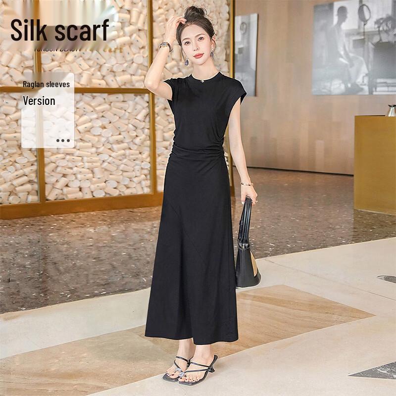 Sibaishe 2025 Summer Pleated Round Neck Mid-Length Dress S