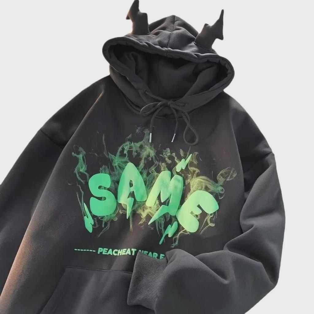 Men's New Autumn/Winter Retro Hiphop Little Devil Hooded Sweatshirt - Loose Fit, Thick Velvet Jacket