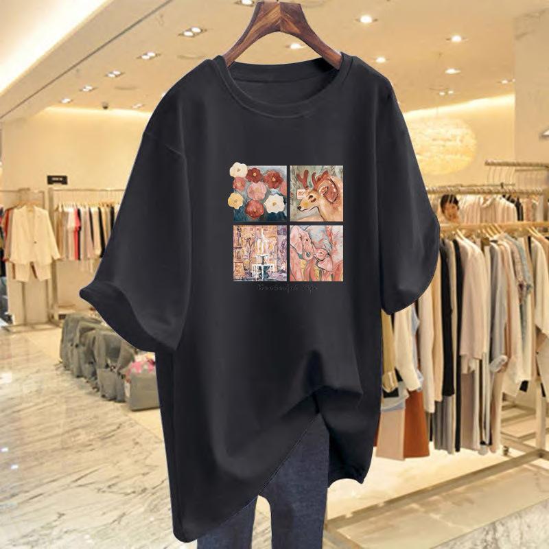 Dark green short-sleeved t-shirt women's large version loose pure cotton medium and long belly-covering and thin half-sleeved t-shirt ns tide