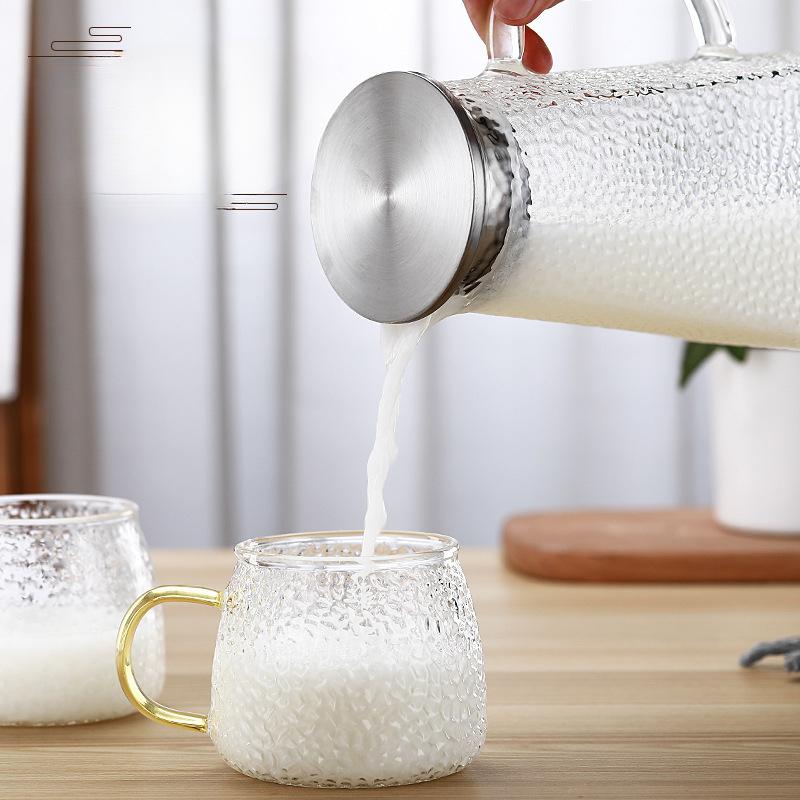 Jarra de Agua Fría de Vidrio Transparente con Patrón de Martillo Alto Borosilicato Gran Capacidad Tapa de Acero Hervidor para Secar Agua Hirviendo Jarra Cuadrada para Jugo