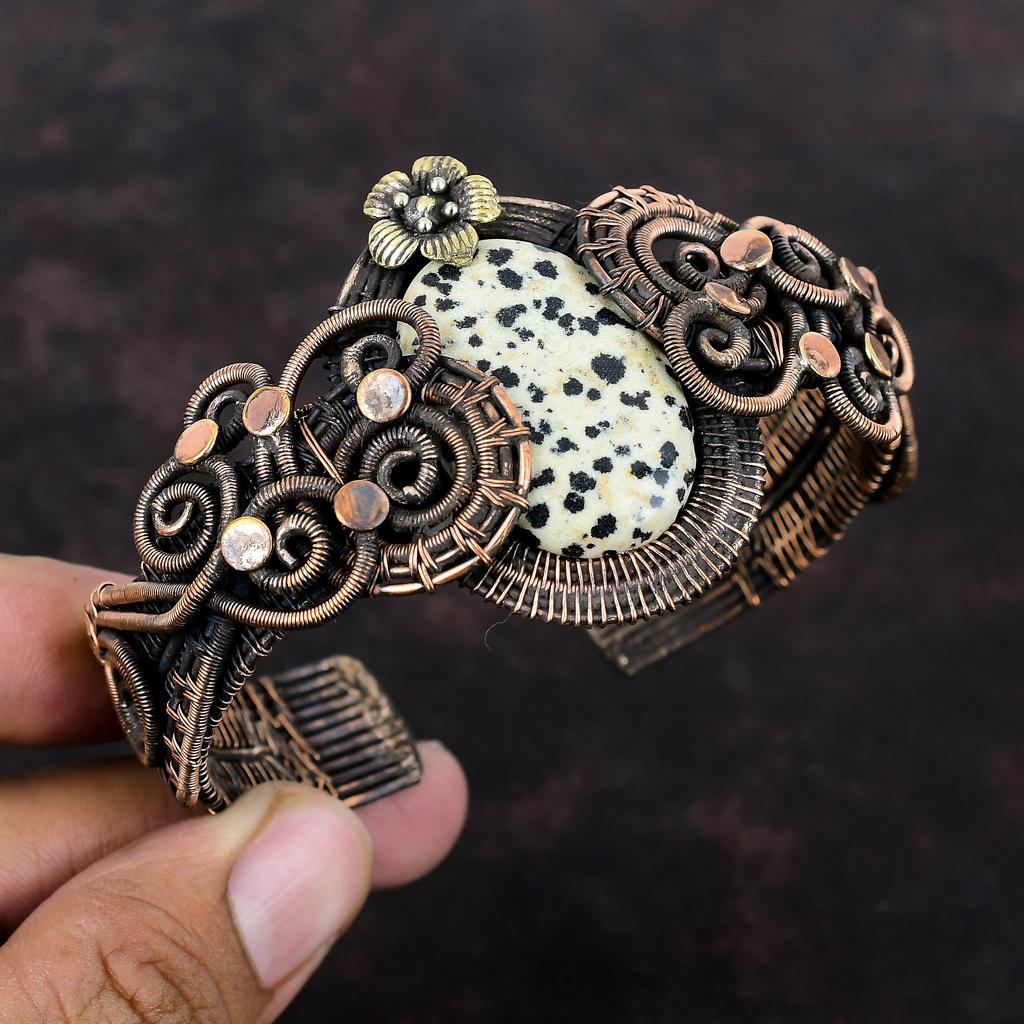 Dalmatian Jasper Gemstone Bangle Copper Wire Wrapped Cuff Bracelet Adjustable Bangle Handmade Copper Jewelry Flower Cuff Bracelet For Gift