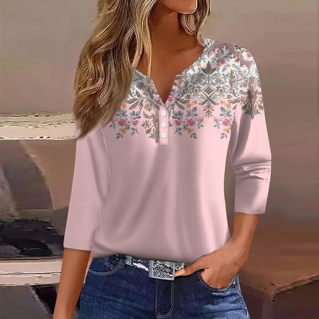 Women's T Shirt Tee Print Button 3/4 Sleeve Tunic Daily Weekend Fashion Basic V- Neck Regular Top