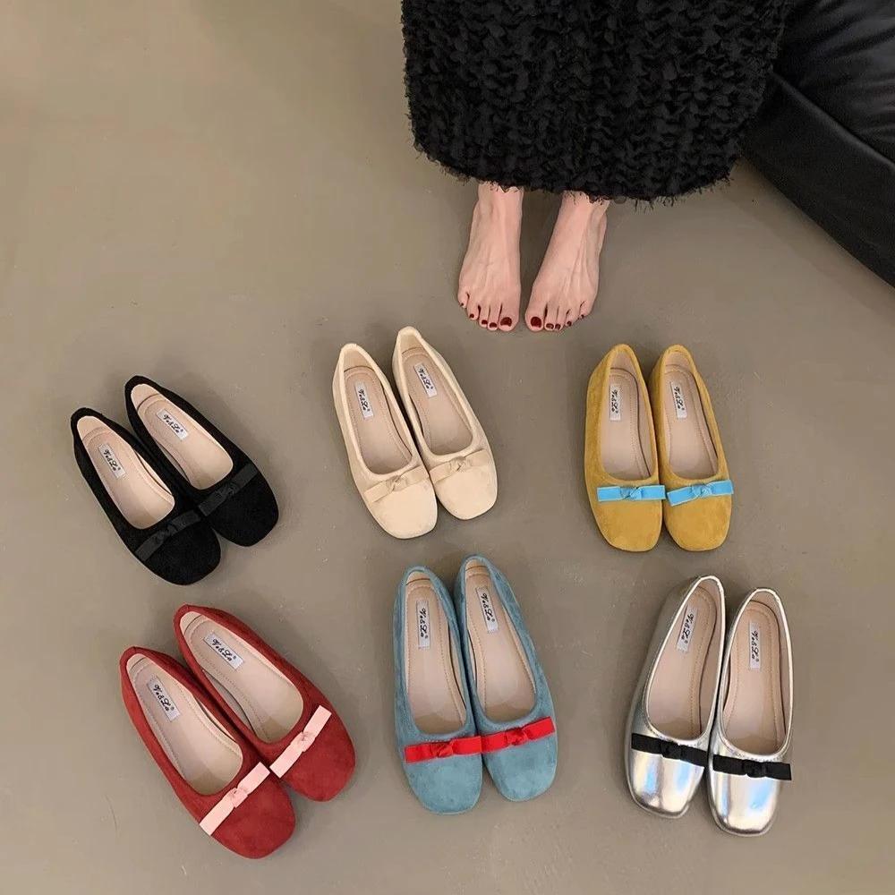 Fashion French Elegant Bow Flat Shoes 2024 Spring New Round Head Comfortable Suede Leather Women's Mary Janes Shoes