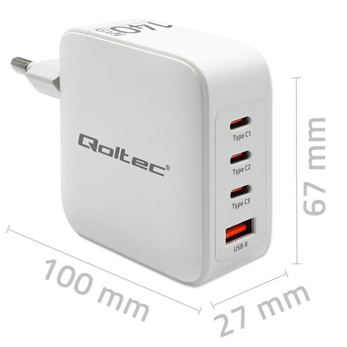 Qoltec 45W GaN Wall Charger | 5-20V | 1.5-3A | 1 x USB-C PD | 1 x USB QC 3.0 | White