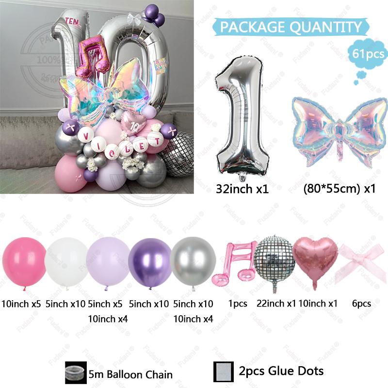 62pcs Colorful Bow Disco Balloon Silver Number Birthday Balloon Set Pink Music Note Children Adult Festive Party Decoration