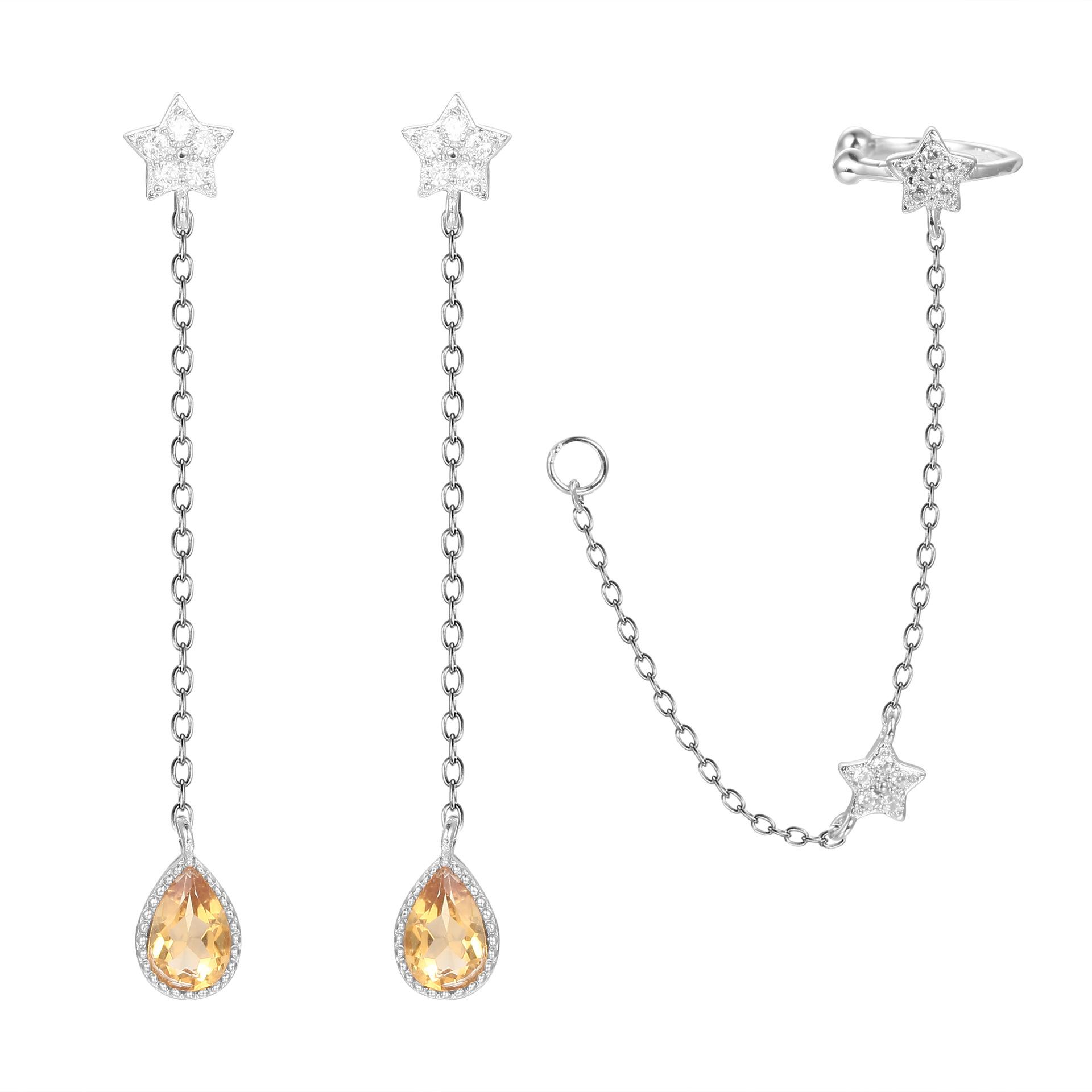 S925 Sterling Silver Asymmetrical Chain Tassel Earrings Korean Style Elegant Natural Yellow Crystal Womens Fashion Jewelry